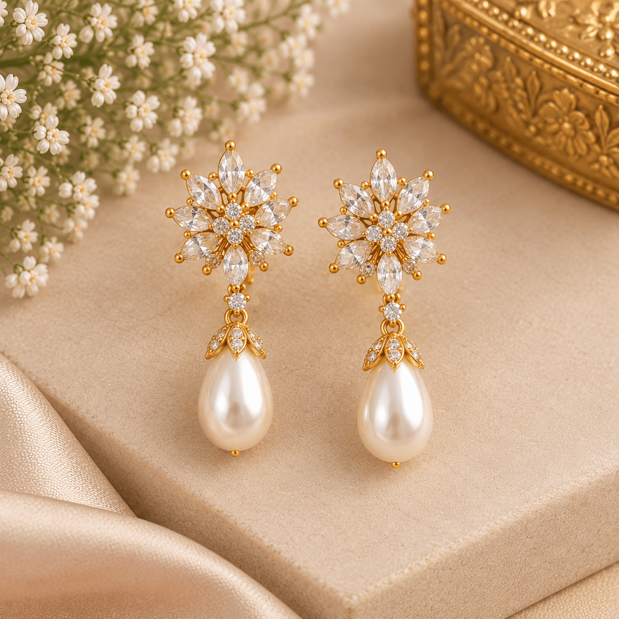 Flower shaped crystal earrings with teardrop pearl accent