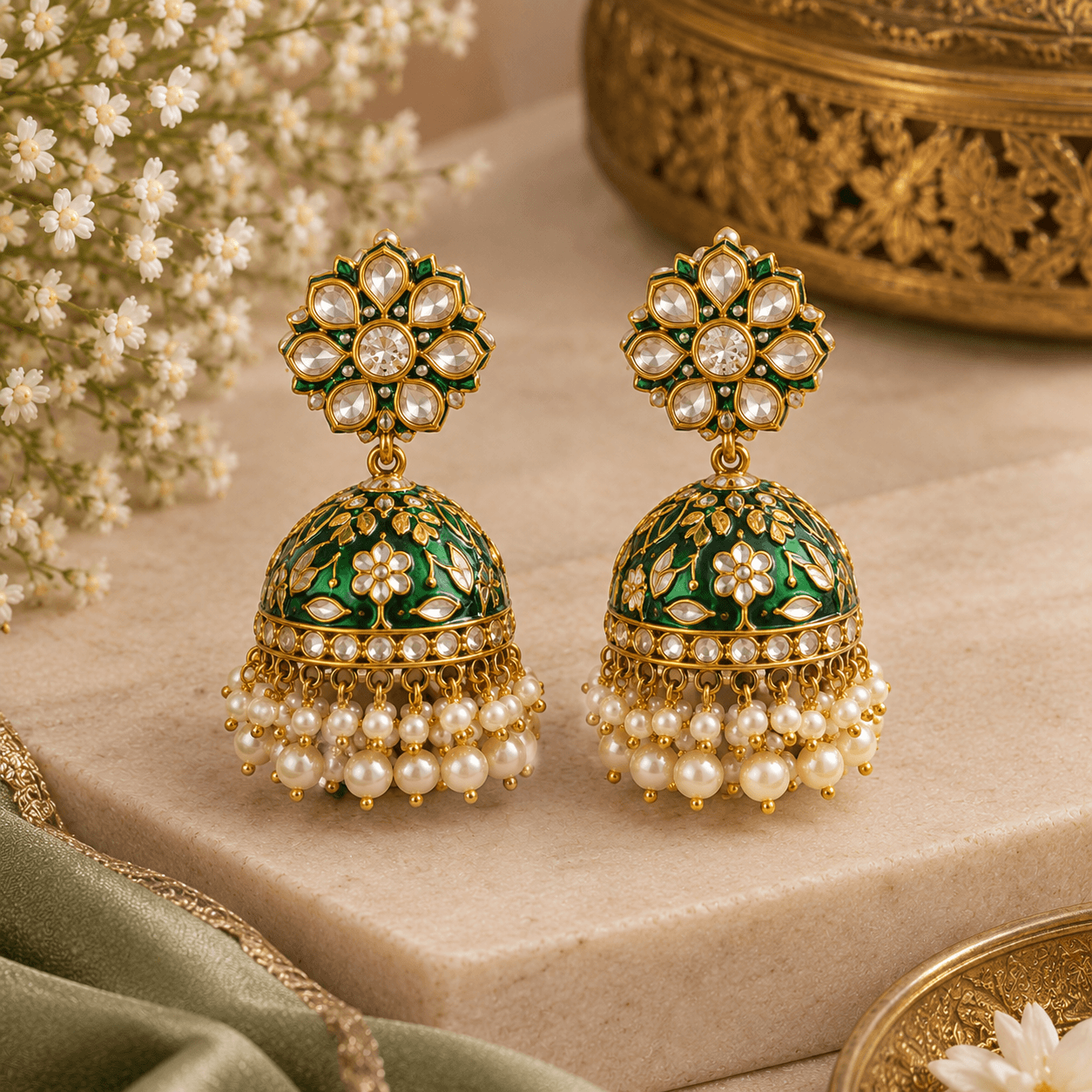 Green Meenakari enamel traditional jhumkas with pearls