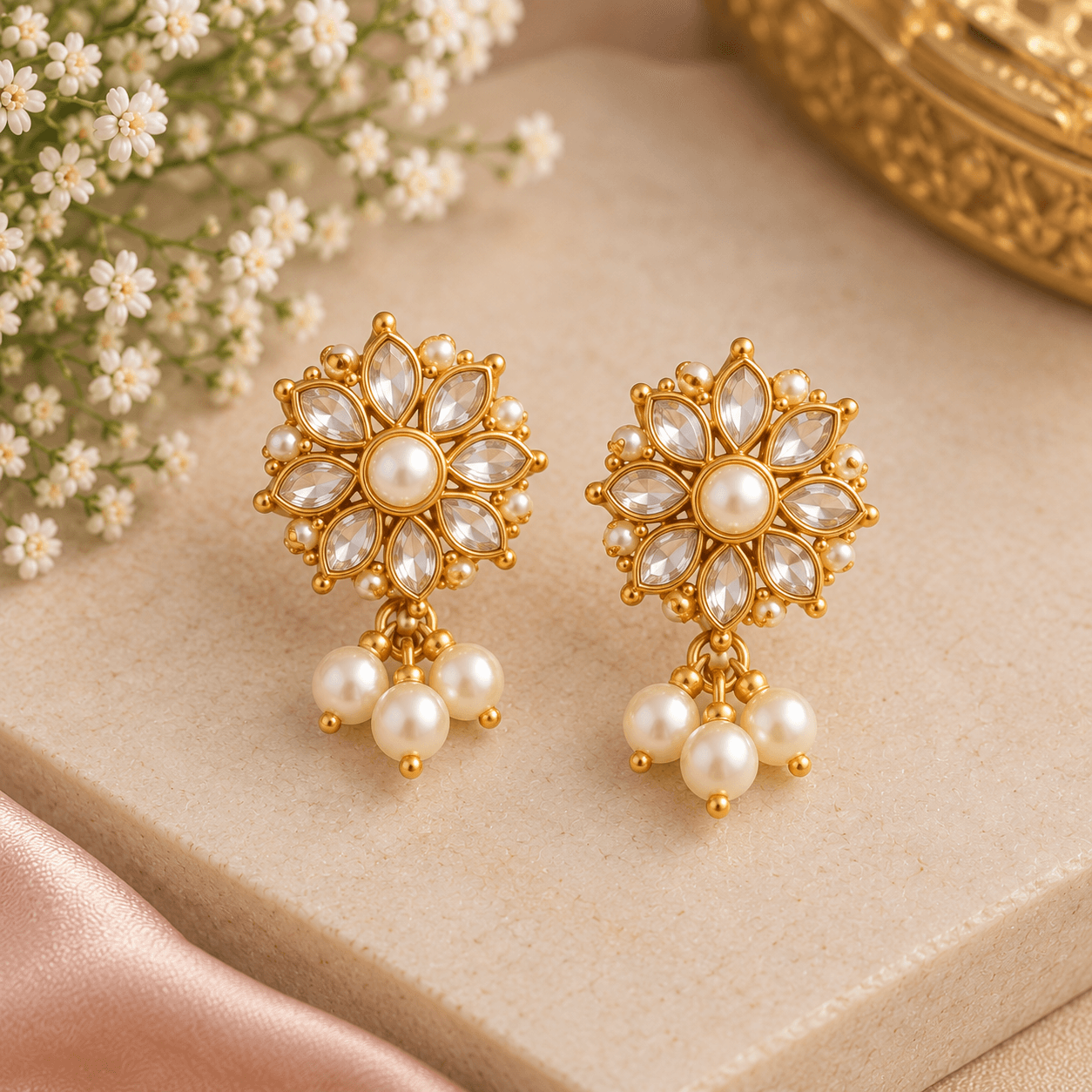 Gold floral stud earrings with pearl dangles