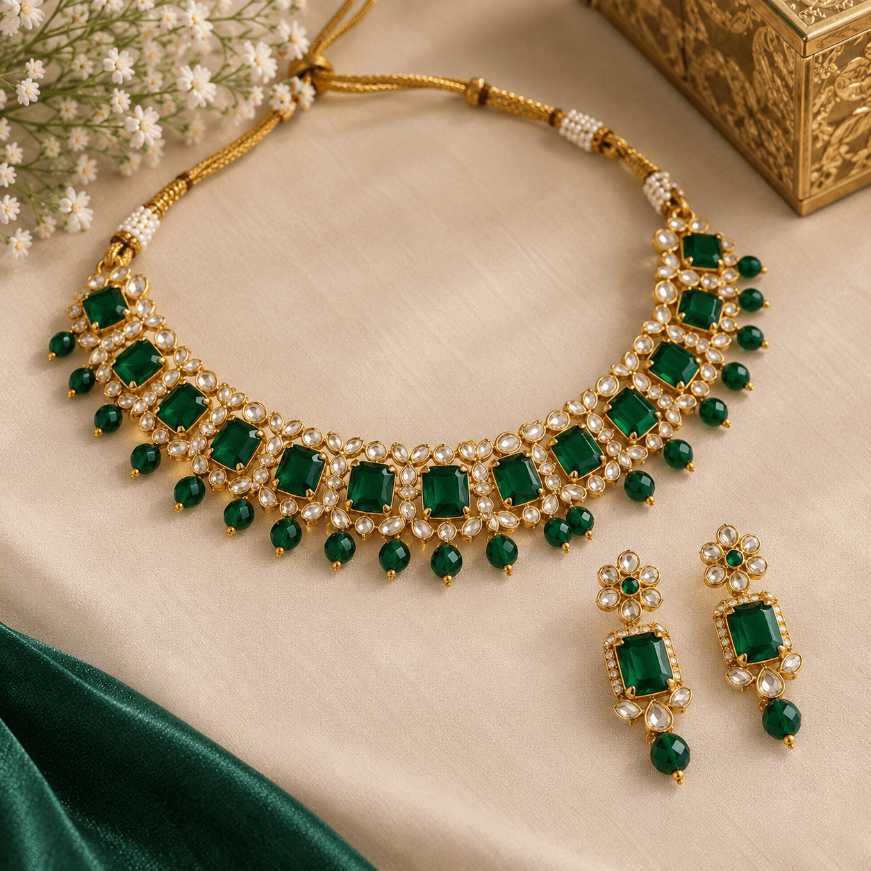 Emerald-green festive necklace and matching earrings