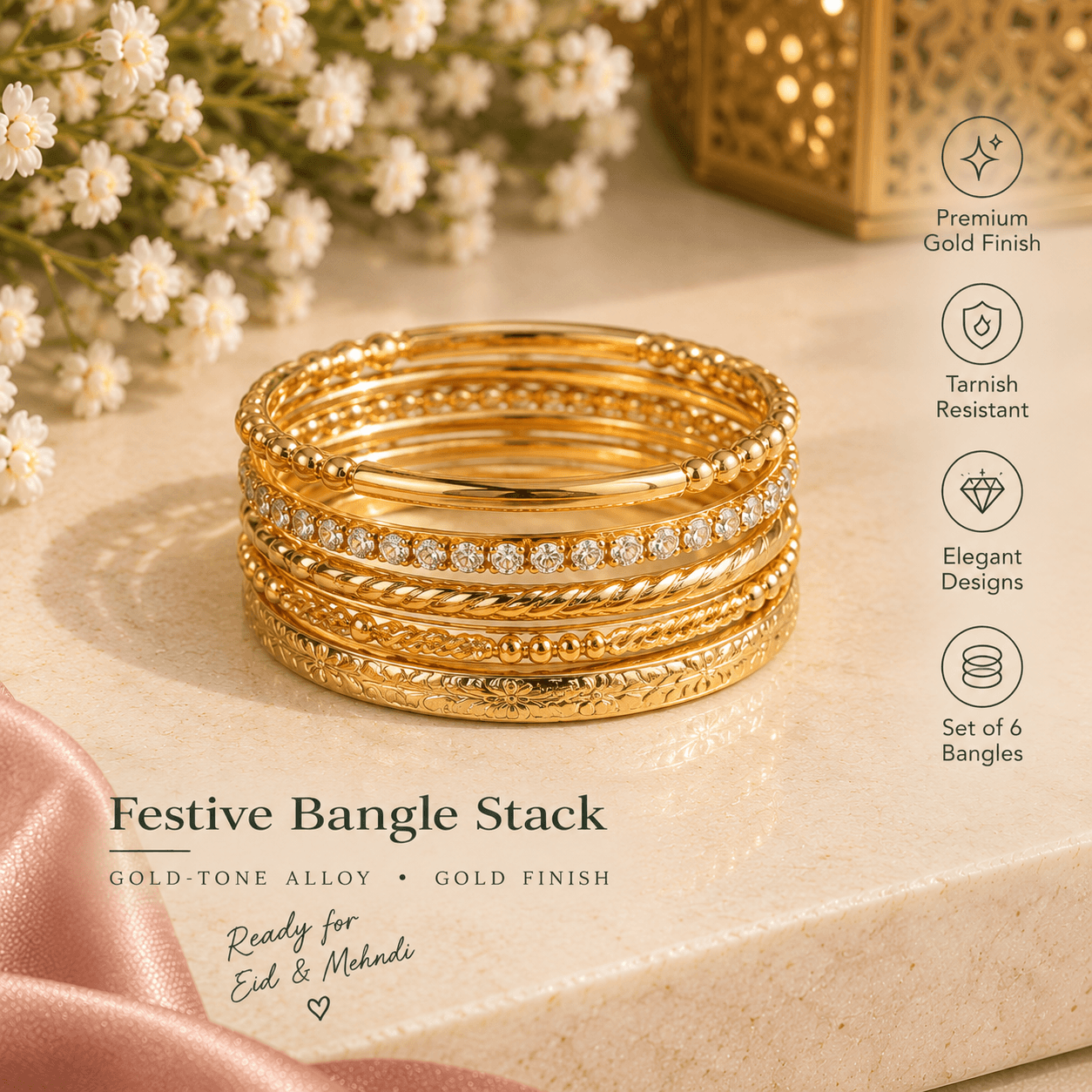 Set of six festive gold-tone bangles