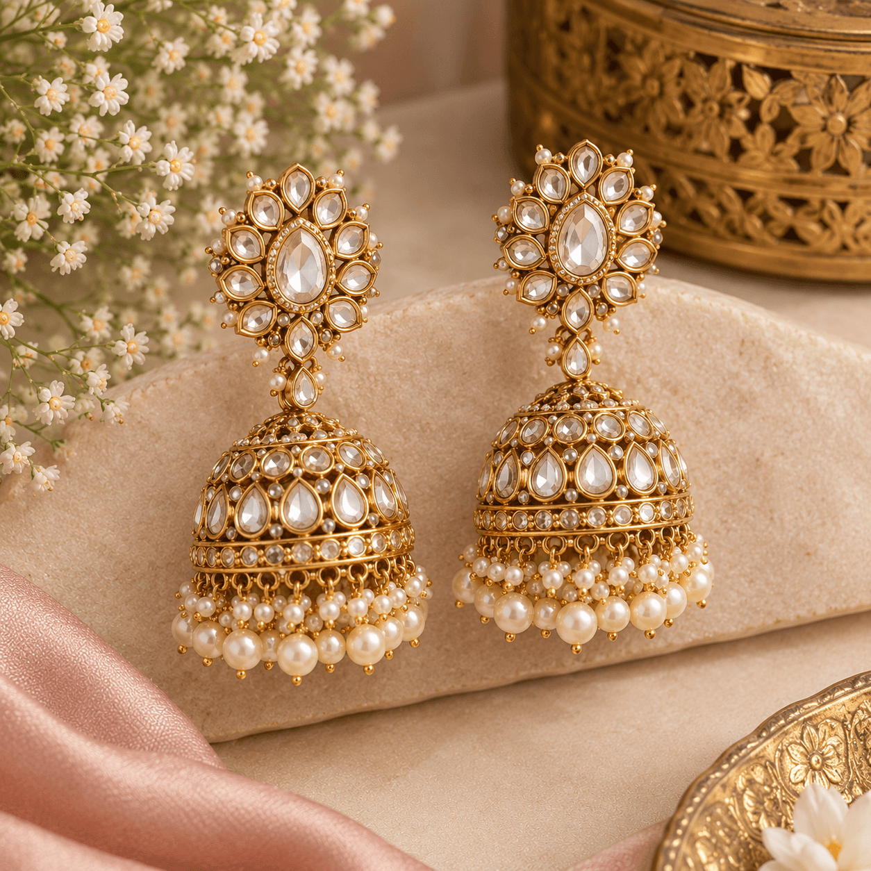 Royal Kundan Jhumkas with delicate pearl drop fringe