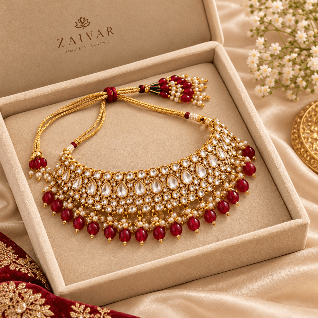Gold and red kundan choker necklace