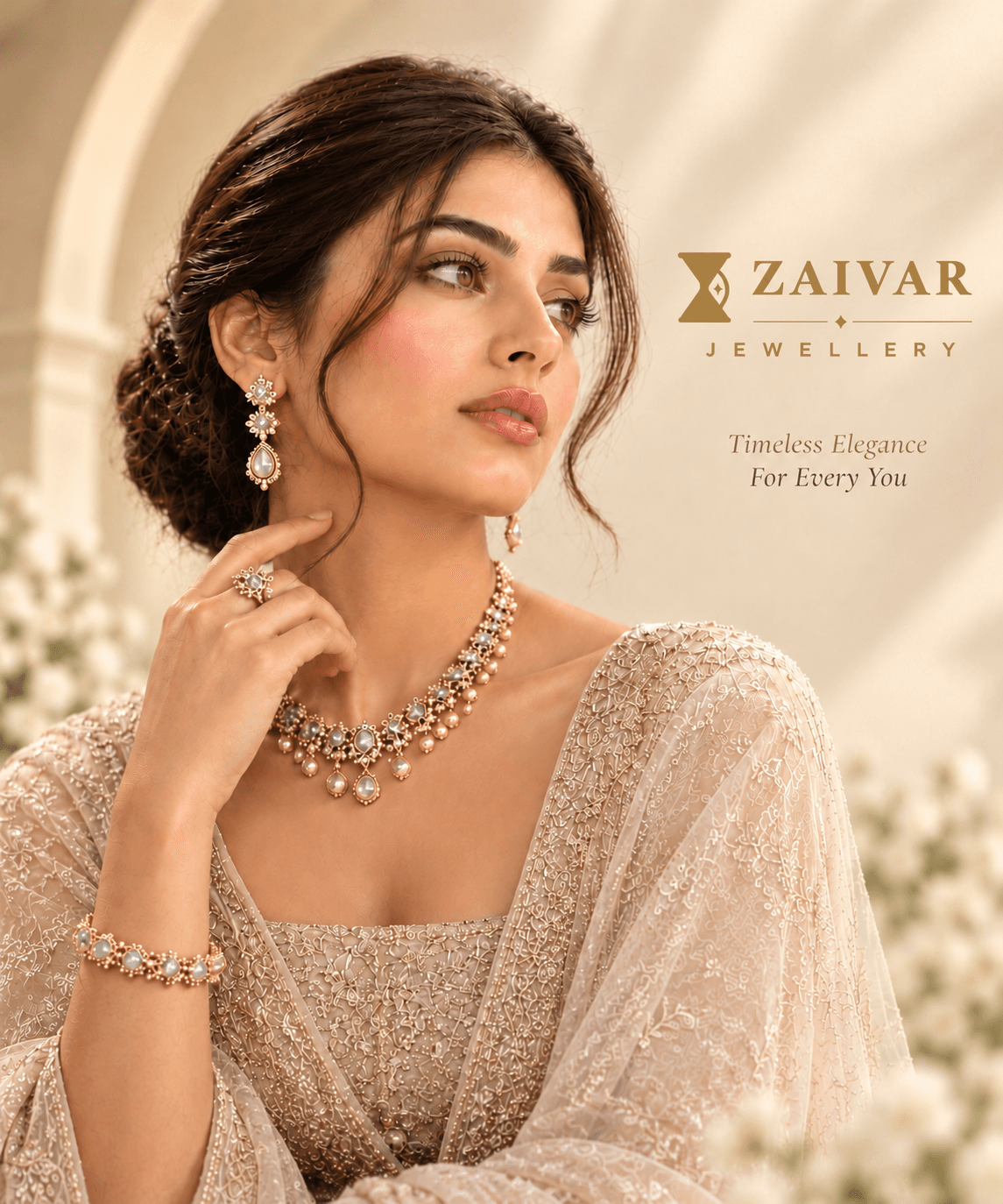 Model wearing ZAIVAR gold jhumkas, kundan necklace and maang tikka